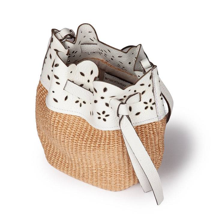 Roberta Gandolfi Diletta Mini Bucket In Rafia Con Balza In Pelle Laserata Con Tracolla Staccabile