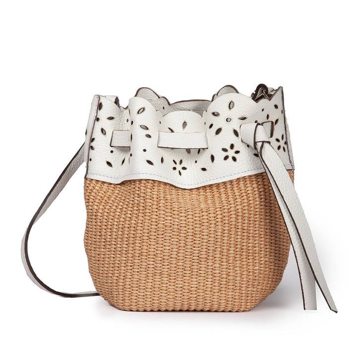 Roberta Gandolfi Diletta Mini Bucket in rafia con balza in pelle laserata con tracolla staccabile
