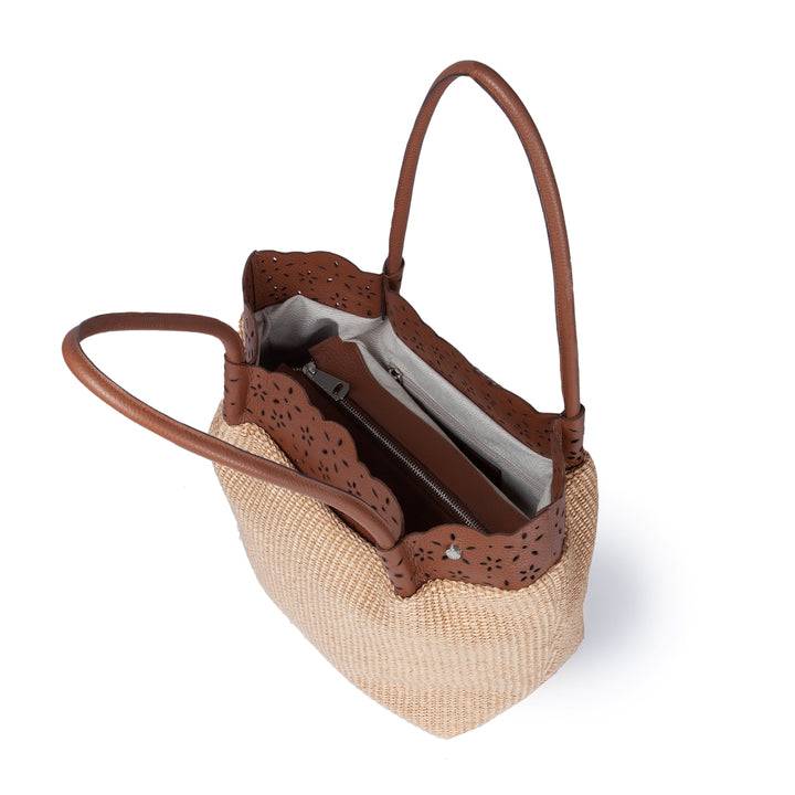 Roberta Gandolfi Diletta Shopping - Tote In Rafia Con Balza In Pelle Laserata Con Tracolla Staccabile