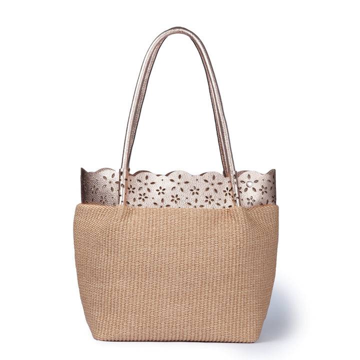 Roberta Gandolfi Diletta Shopping - Tote in rafia con balza in pelle laserata con tracolla staccabile