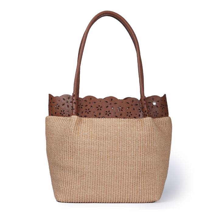 Roberta Gandolfi Diletta Shopping - Tote in rafia con balza in pelle laserata con tracolla staccabile