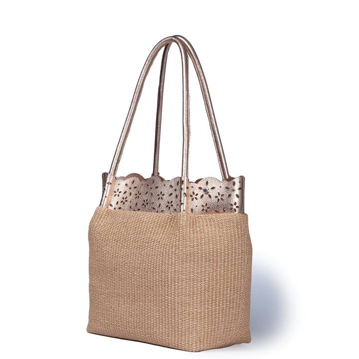 Roberta Gandolfi Diletta Shopping - Tote In Rafia Con Balza In Pelle Laserata Con Tracolla Staccabile