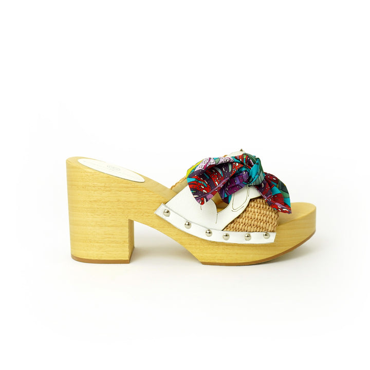 Roberta Gandolfi Diva Chain Sandali In Legno Incrociato Con Platform In Rafia E Stampa Fiocco Tropical