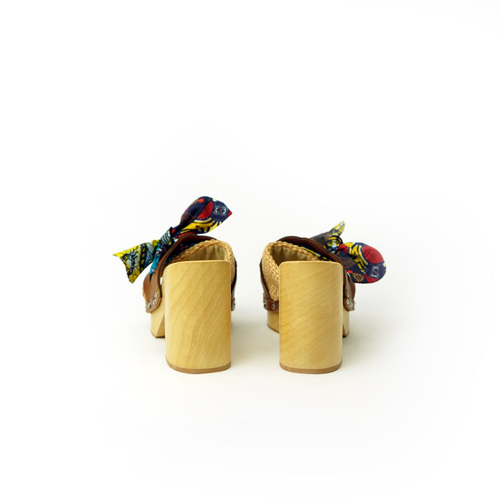 Roberta Gandolfi Diva Chain Sandali In Legno Incrociato Con Platform In Rafia E Fiocco Stamap African