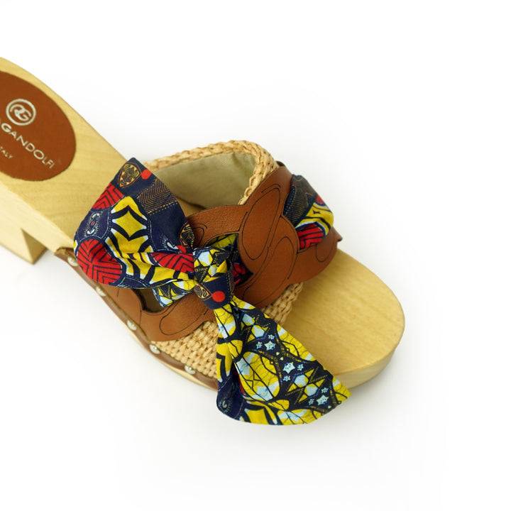 Roberta Gandolfi Diva Chain Sandali In Legno Incrociato Con Platform In Rafia E Fiocco Stamap African