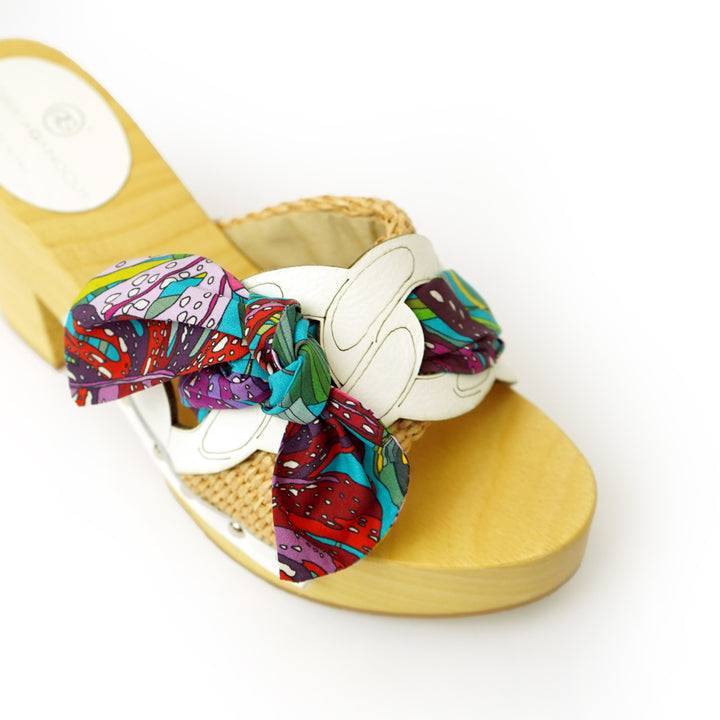 Roberta Gandolfi Diva Chain Sandali In Legno Incrociato Con Platform In Rafia E Stampa Fiocco Tropical