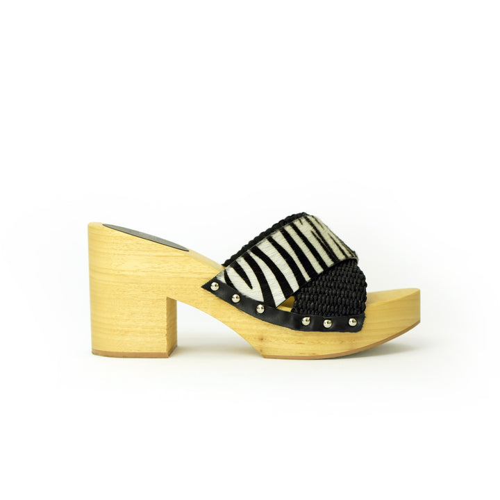 Roberta Gandolfi Diva Zebra Sandali In Legno Incrociato Con Platform In Rafia E Pony Stampa Animalier