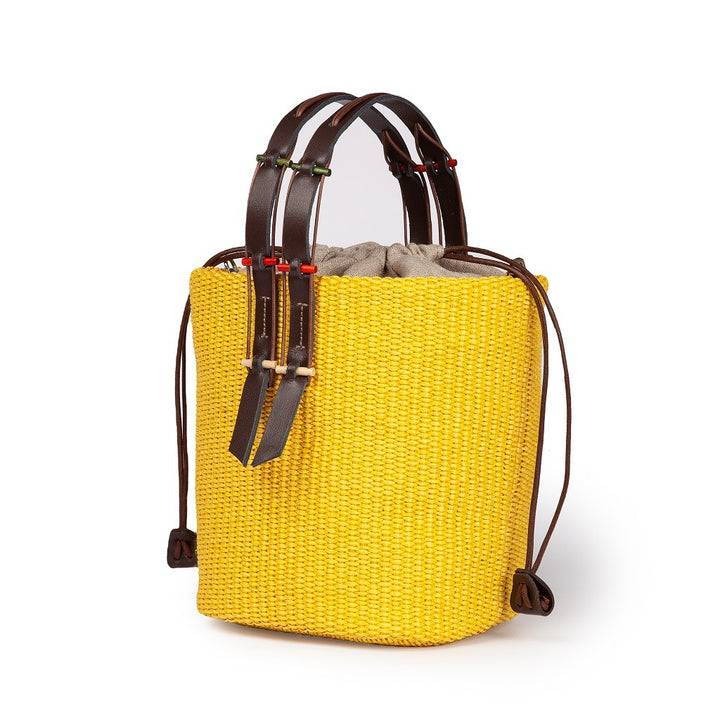 Roberta Gandolfi Fernanda Bucket In Rafia Con Finiture In Pelle Di Vitello Con Tracolla Staccabile