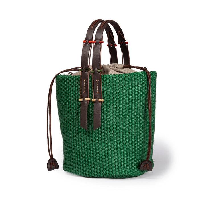 Roberta Gandolfi Fernanda Bucket In Rafia Con Finiture In Pelle Di Vitello Con Tracolla Staccabile