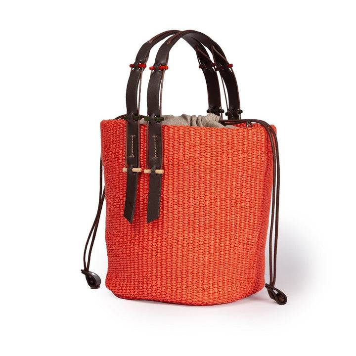 Roberta Gandolfi Fernanda Bucket In Rafia Con Finiture In Pelle Di Vitello Con Tracolla Staccabile