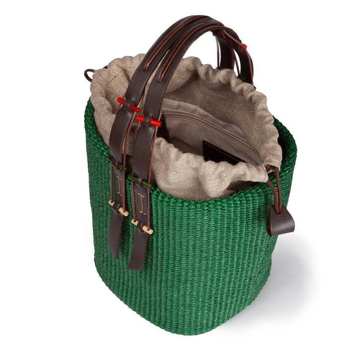 Roberta Gandolfi Fernanda Bucket In Rafia Con Finiture In Pelle Di Vitello Con Tracolla Staccabile