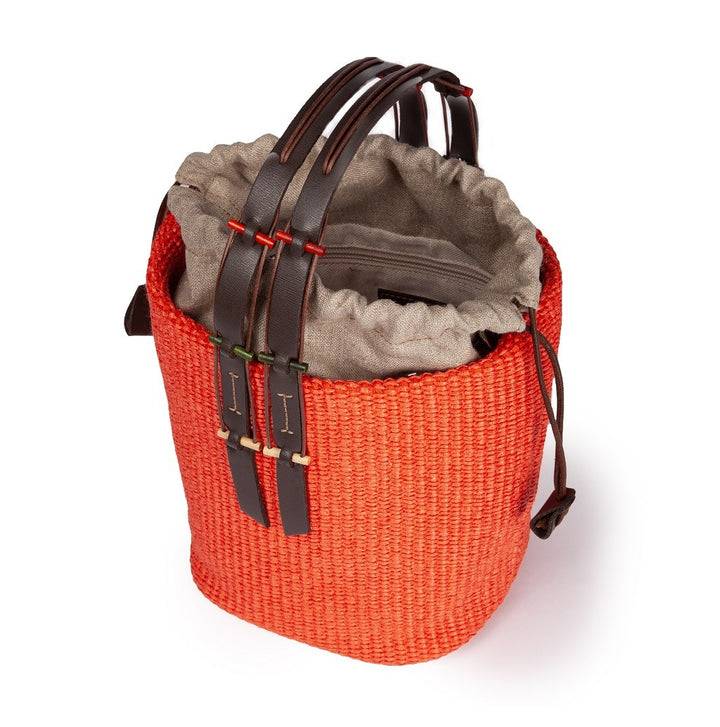 Roberta Gandolfi Fernanda Bucket In Rafia Con Finiture In Pelle Di Vitello Con Tracolla Staccabile