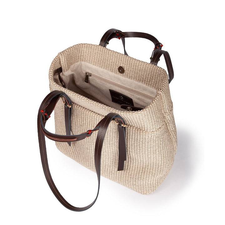 Roberta Gandolfi Fernanda Tote In Rafia Con Finiture In Pelle Di Vitello A Doppia Portabilità Mano O Shopping