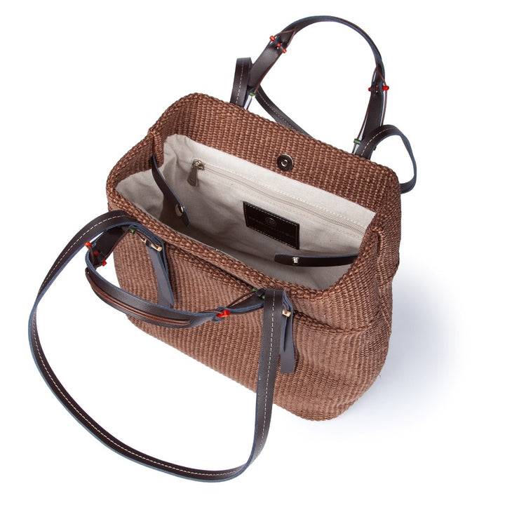 Roberta Gandolfi Fernanda Tote In Rafia Con Finiture In Pelle Di Vitello A Doppia Portabilità Mano O Shopping