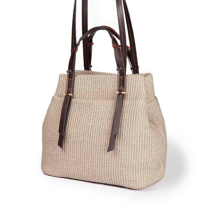 Roberta Gandolfi Fernanda Tote In Rafia Con Finiture In Pelle Di Vitello A Doppia Portabilità Mano O Shopping