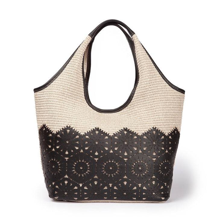 Roberta Gandolfi Giulia Hobo in rafia e pelle il pannello tagliato al laser è interamente cucito a mano