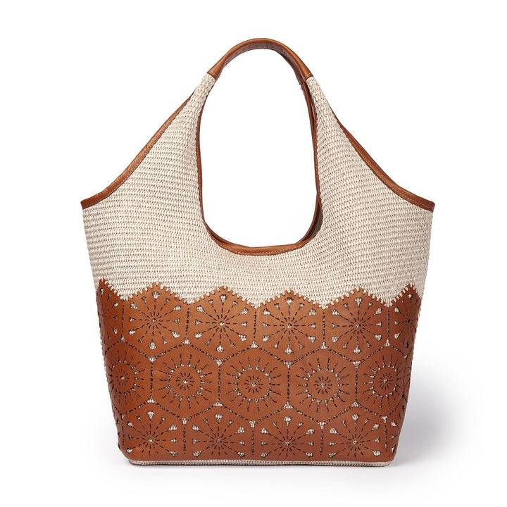 Roberta Gandolfi Giulia Hobo in rafia e pelle il pannello tagliato al laser è interamente cucito a mano