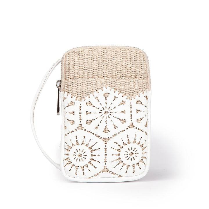 Roberta Gandolfi Giulia phone holder in rafia e pelle il pannello tagliato al laser è interamente cucito a mano con tracolla staccabile