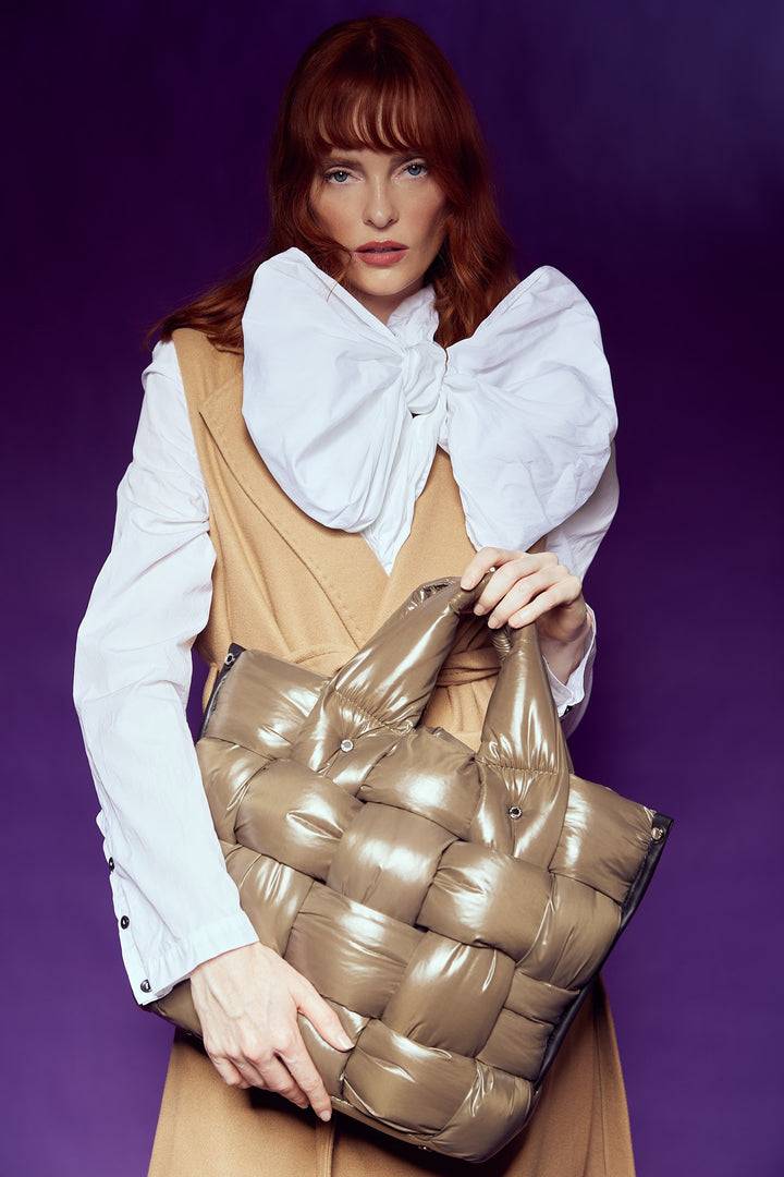 Roberta Gandolfi Greta Large Borsa In Tessuto Antigoccia Imbottita Ed Intrecciata A Mano Con Finiture In Pelle