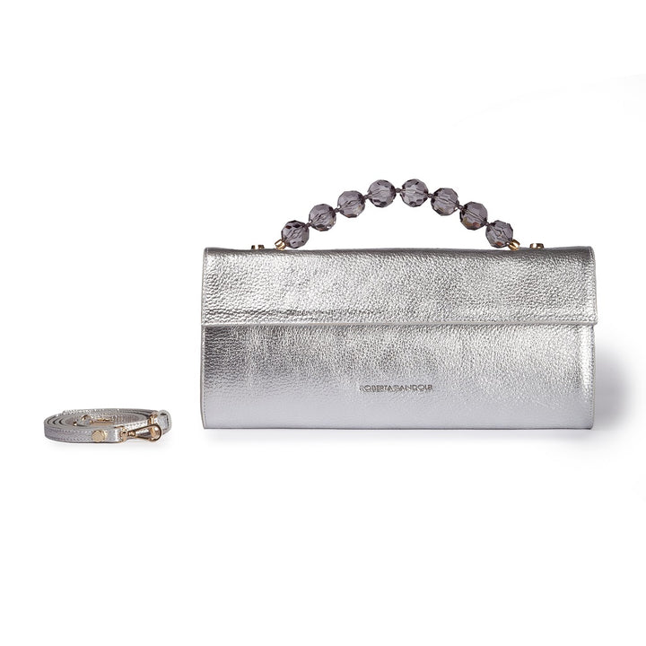 Roberta Gandolfi Julia Boule cluch in pelle metalizzata e manico gioiello con tracolla staccabile e regolabile