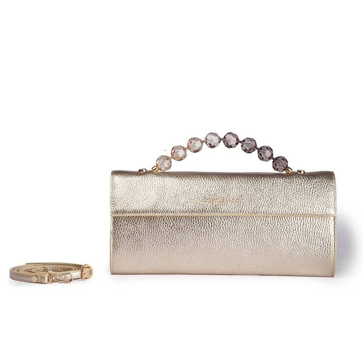 Roberta Gandolfi Julia Boule cluch in pelle metalizzata e manico gioiello con tracolla staccabile e regolabile