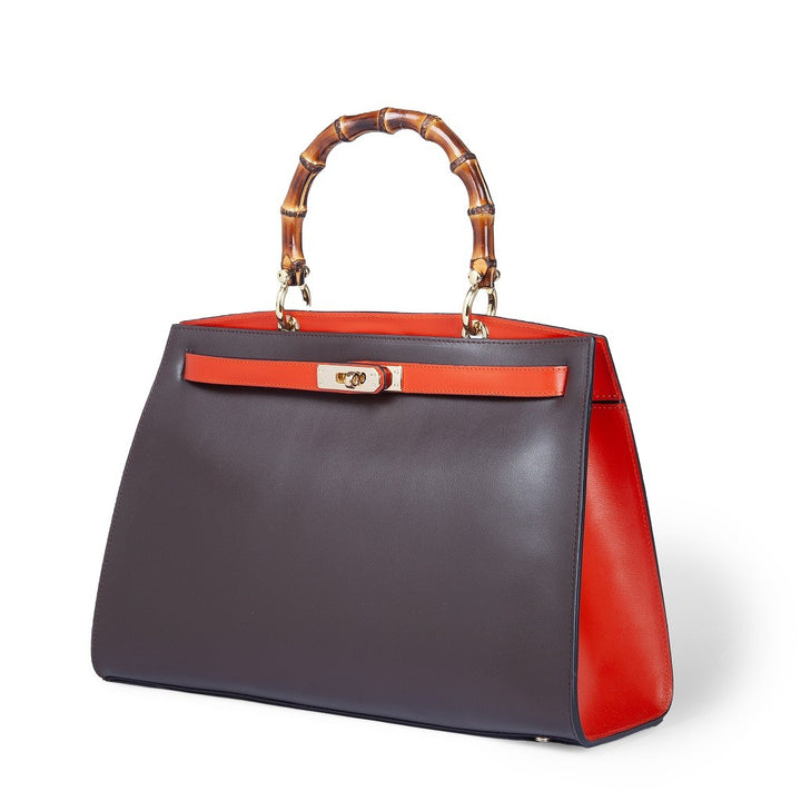 Roberta Gandolfi Lola Large Borsa In Pelle Con Manico In Vero Legno Di Bambù E Tracolla Staccabile