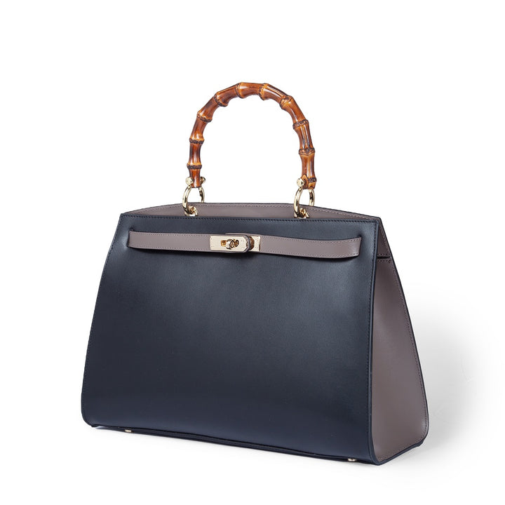 Roberta Gandolfi Lola Large Borsa In Pelle Con Manico In Vero Legno Di Bambù E Tracolla Staccabile