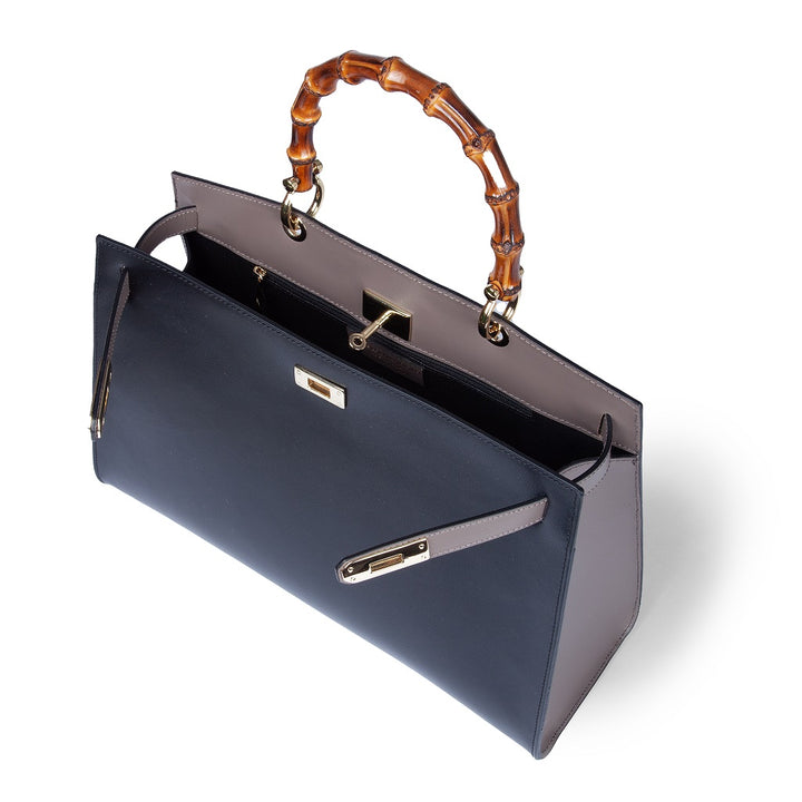 Roberta Gandolfi Lola Large Borsa In Pelle Con Manico In Vero Legno Di Bambù E Tracolla Staccabile