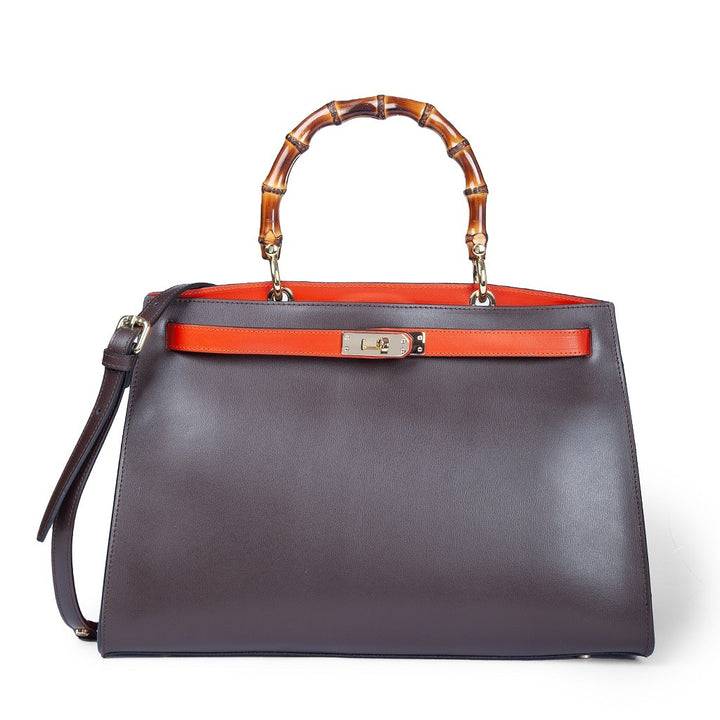 Roberta Gandolfi Lola Large borsa in pelle con manico in vero legno di bambù e tracolla staccabile