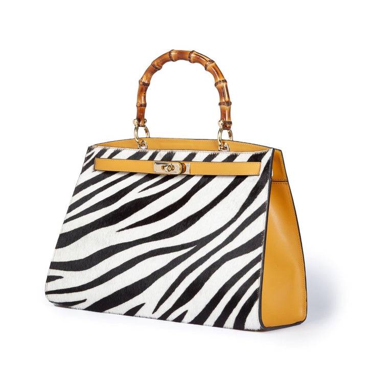 Roberta Gandolfi Lola Pony Large Borsa In Pelle Stampa Animalier Con Manico In Vero Legno Di Bambù E Tracolla Staccabile