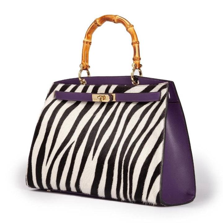 Roberta Gandolfi Lola Pony Large Borsa In Pelle Stampa Animalier Con Manico In Vero Legno Di Bambù E Tracolla Staccabile