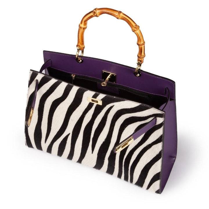 Roberta Gandolfi Lola Pony Large Borsa In Pelle Stampa Animalier Con Manico In Vero Legno Di Bambù E Tracolla Staccabile