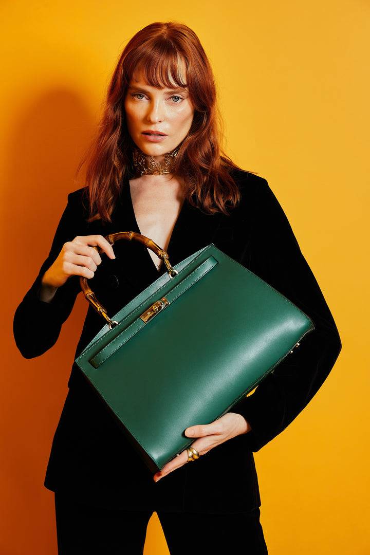 Roberta Gandolfi Lola Pony Large Borsa In Pelle Stampa Animalier Con Manico In Vero Legno Di Bambù E Tracolla Staccabile