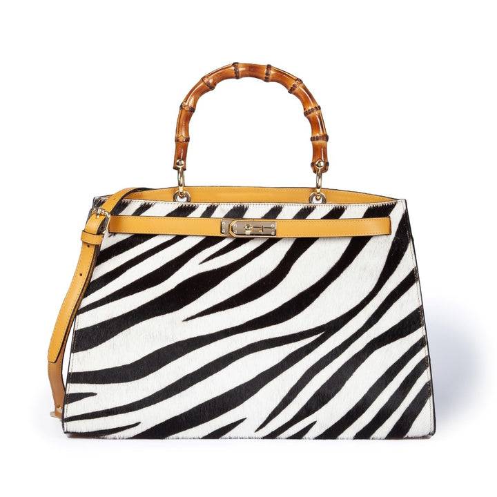 Roberta Gandolfi Lola Pony Large borsa in pelle stampa animalier con manico in vero legno di bambù e tracolla staccabile