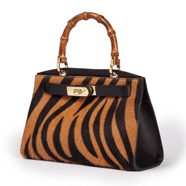 Roberta Gandolfi Lola Pony Small Borsa In Pelle Stampa Animalier Con Manico In Vero Legno Di Bambù E Tracolla Staccabile