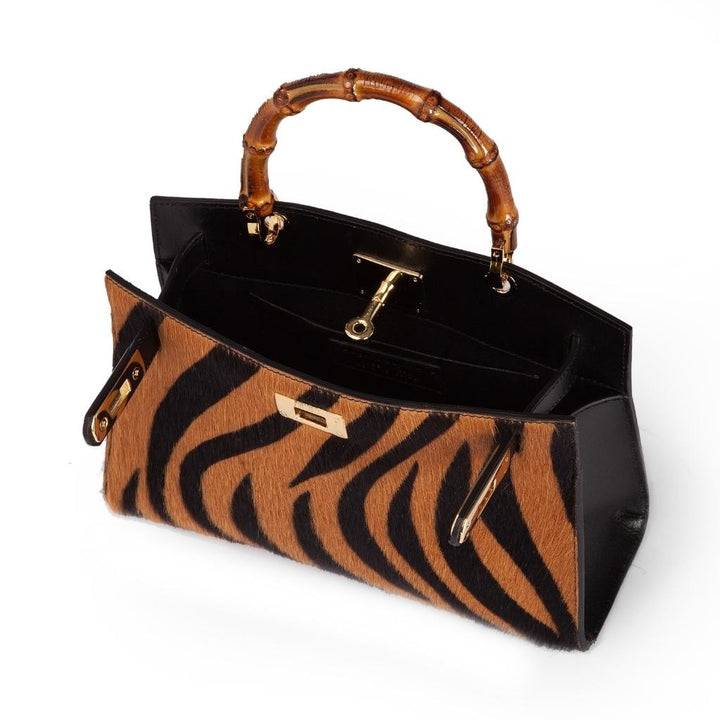 Roberta Gandolfi Lola Pony Small Borsa In Pelle Stampa Animalier Con Manico In Vero Legno Di Bambù E Tracolla Staccabile
