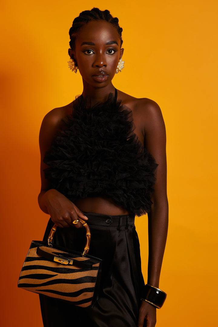 Roberta Gandolfi Lola Pony Small Borsa In Pelle Stampa Animalier Con Manico In Vero Legno Di Bambù E Tracolla Staccabile