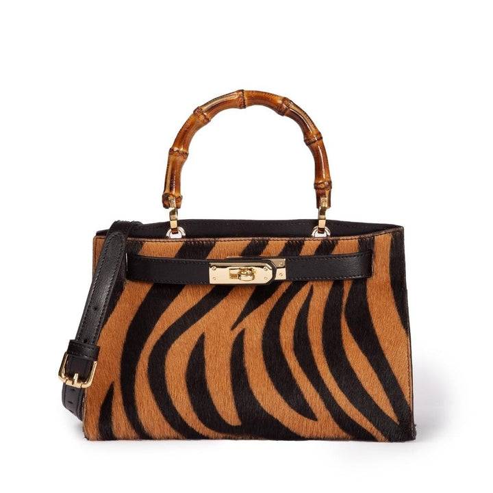 Roberta Gandolfi Lola Pony small borsa in pelle stampa animalier con manico in vero legno di bambù e tracolla staccabile