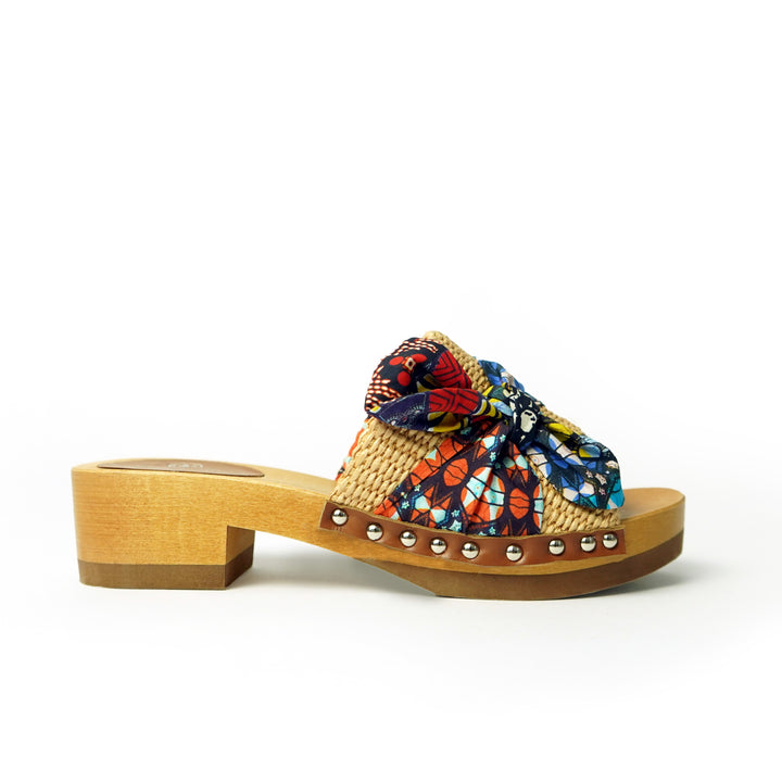 Roberta Gandolfi Lola Sabot Sandali In Legno Con Rafia E Pelle Di Vitello Con Fiocco Stampa African
