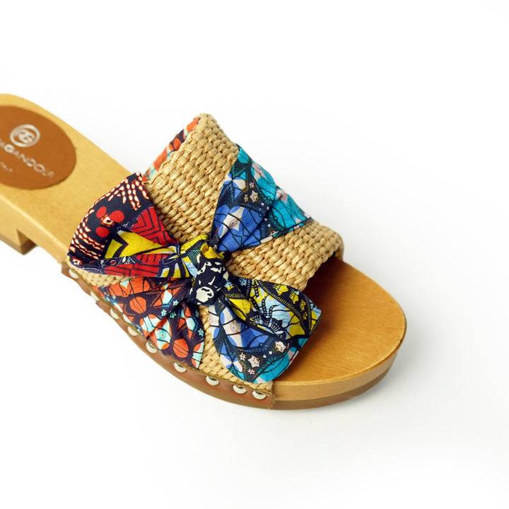 Roberta Gandolfi Lola Sabot Sandali In Legno Con Rafia E Pelle Di Vitello Con Fiocco Stampa African