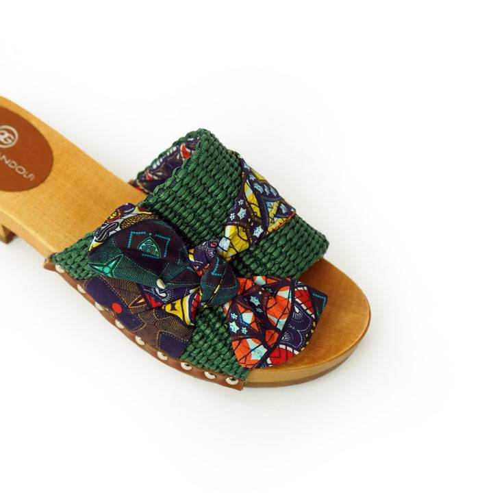 Roberta Gandolfi Lola Sabot Sandali In Legno Con Rafia E Pelle Di Vitello Con Fiocco Stampa African