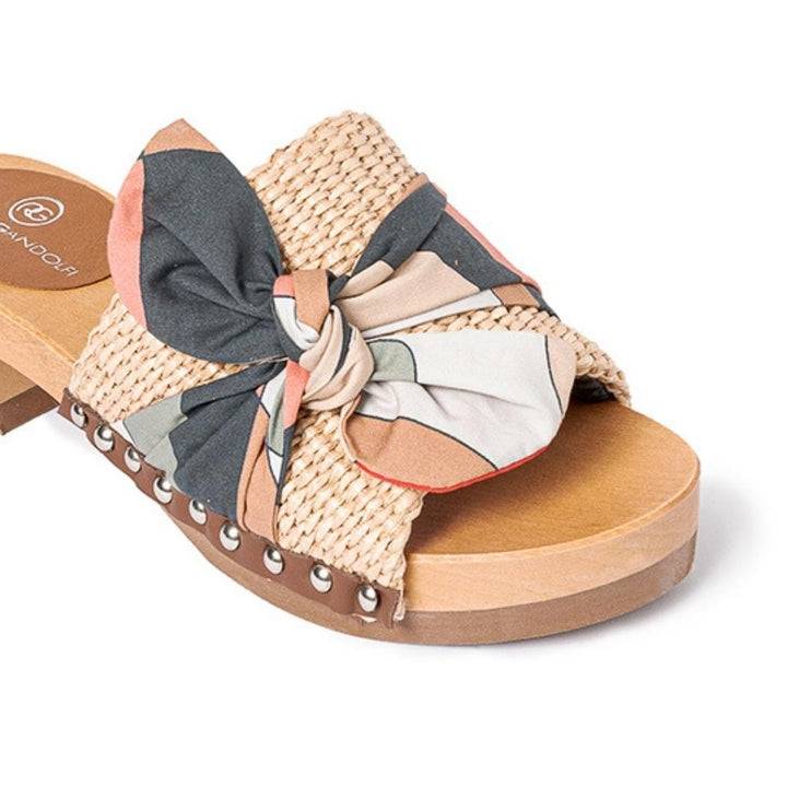 Roberta Gandolfi Lola Sixty Sandali In Legno Con Rafia E Pelle Di Vitello Con Fiocco Stampa Sixty