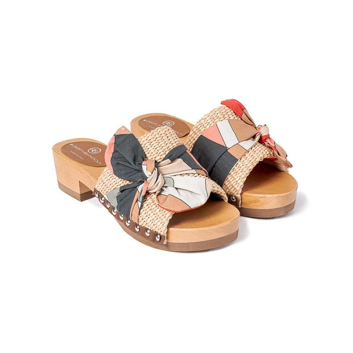 Roberta Gandolfi Lola Sixty sandali in legno con rafia e pelle di vitello con fiocco stampa sixty