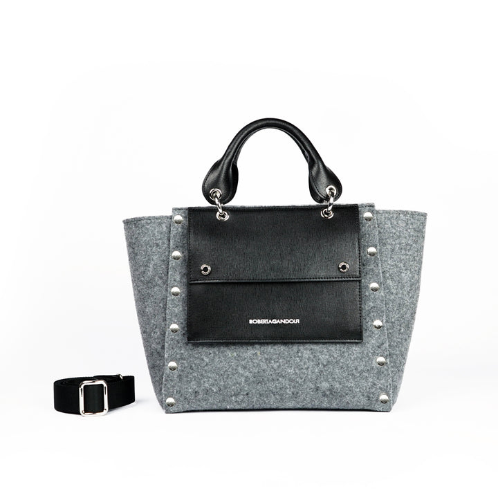 Roberta Gandolfi Rachele handbag borsa a mano in tessuto di lana riciclata e finitura in pelle con tasca staccabile
