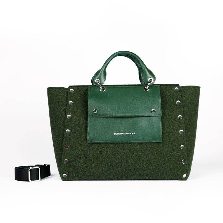 Roberta Gandolfi Rachele Large handbag borsa a mano in tessuto di lana riciclata e finitura in pelle con tasca staccabile