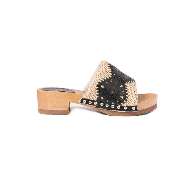 Roberta Gandolfi Sandalo Giulia Platform In Legno E Tomaia In Rafia E Pelle Di Vitello Laserata Con Disegno Pizzo Geometrico