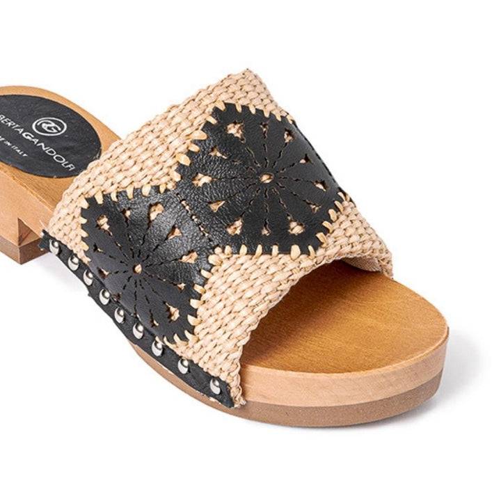 Roberta Gandolfi Sandalo Giulia Platform In Legno E Tomaia In Rafia E Pelle Di Vitello Laserata Con Disegno Pizzo Geometrico
