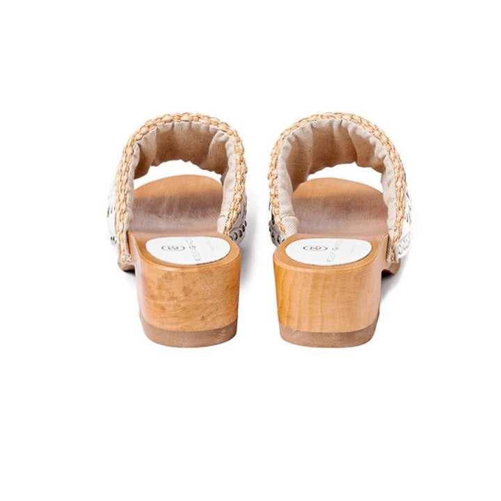 Roberta Gandolfi Sandalo Giulia Platform In Legno E Tomaia In Rafia E Pelle Di Vitello Laserata Con Disegno Pizzo Geometrico