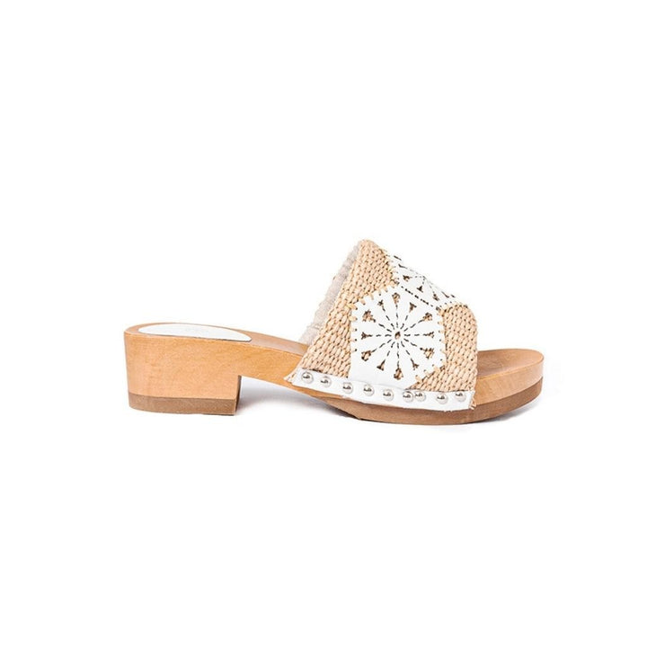 Roberta Gandolfi Sandalo Giulia Platform In Legno E Tomaia In Rafia E Pelle Di Vitello Laserata Con Disegno Pizzo Geometrico