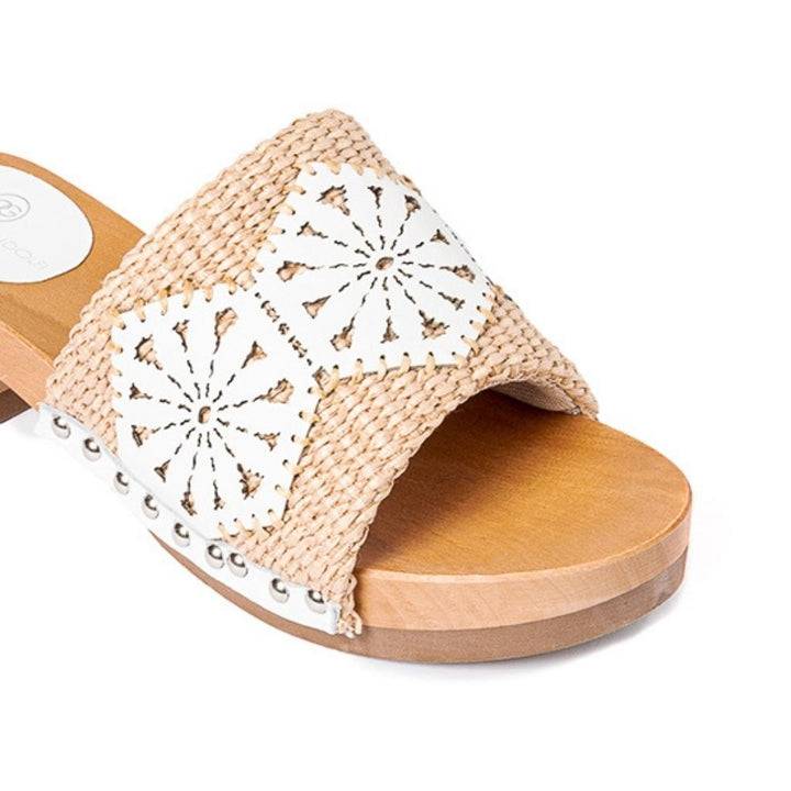 Roberta Gandolfi Sandalo Giulia Platform In Legno E Tomaia In Rafia E Pelle Di Vitello Laserata Con Disegno Pizzo Geometrico